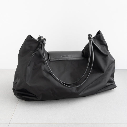 BALENCIAGA Geneve Large Hobo Bag Black Nylon Leather Silver Shoulder Tote 24AW