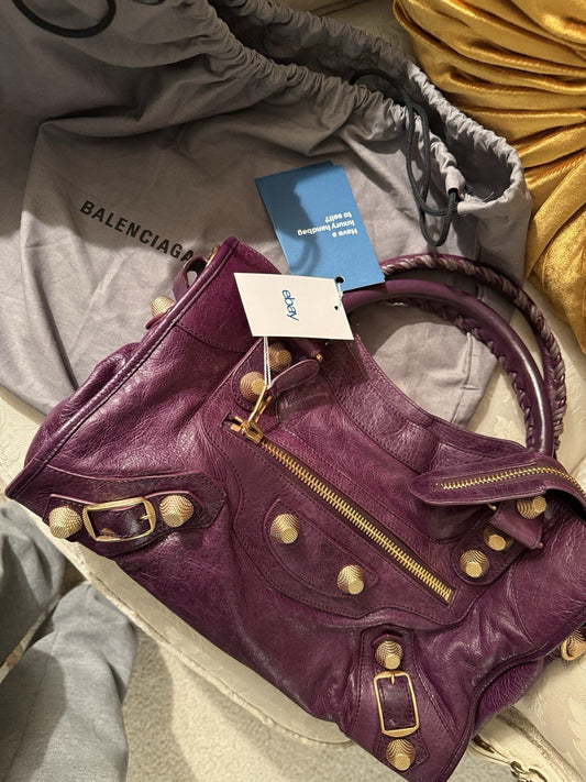 Balenciaga Medium Leather First City Bag Vintage Purple Gold Hardware Authentic!